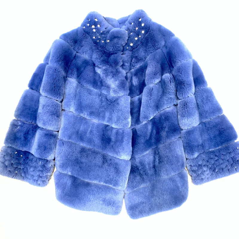 Barya NewYork Ladies Pearl Indigo Rex Rabbit Car Coat Blazer Duffle Coat Pea Coat