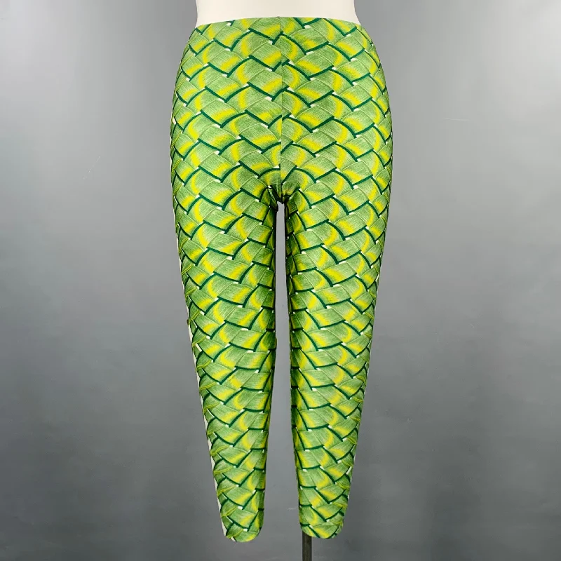 HERMES Size 10 Green Yellow Lycra Woven Elastic Waistband Leggings Cozy Lounge Pants Leggings HERMES Size 10 Green Yellow Lycra Woven Elastic Waistband Leggings Cozy Lounge Pants Leggings