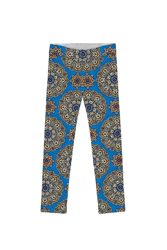 Boho Chic Lucy Cute Blue Geometric Print Leggings - Girls Stylish Sweat-Proof Leggings