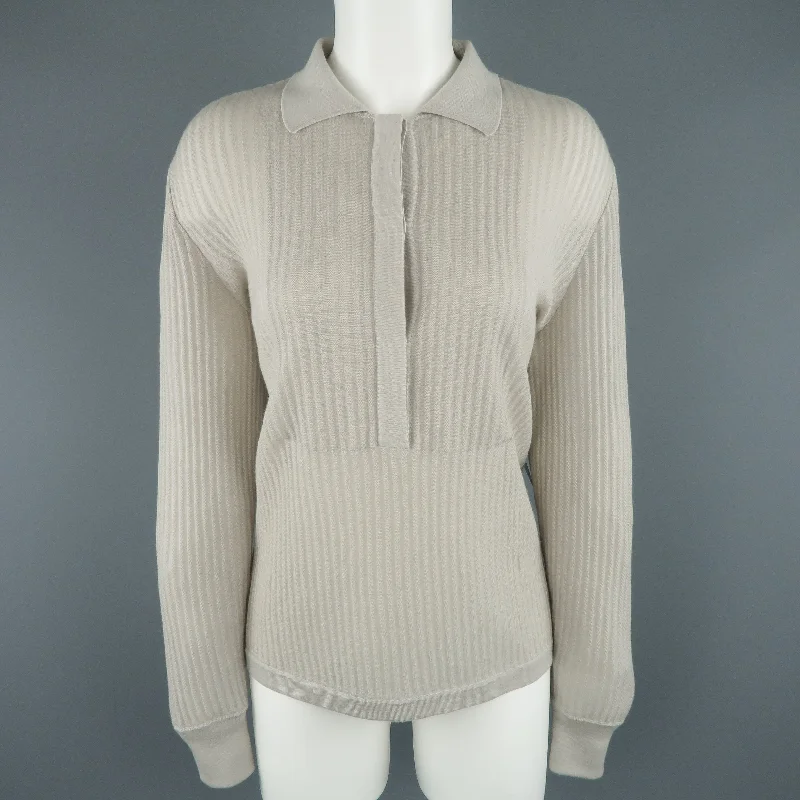 GIORGIO ARMANI Size 10 Light Gray Ribbed Cashmere Collared Pullover Slit Sleeve Stylish GIORGIO ARMANI Size 10 Light Gray Ribbed Cashmere Collared Pullover Slit Sleeve Stylish
