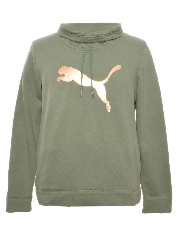 Light Green Puma Printed Sweatshirt - L Hoodie with Hem Detail Decorative Unique
