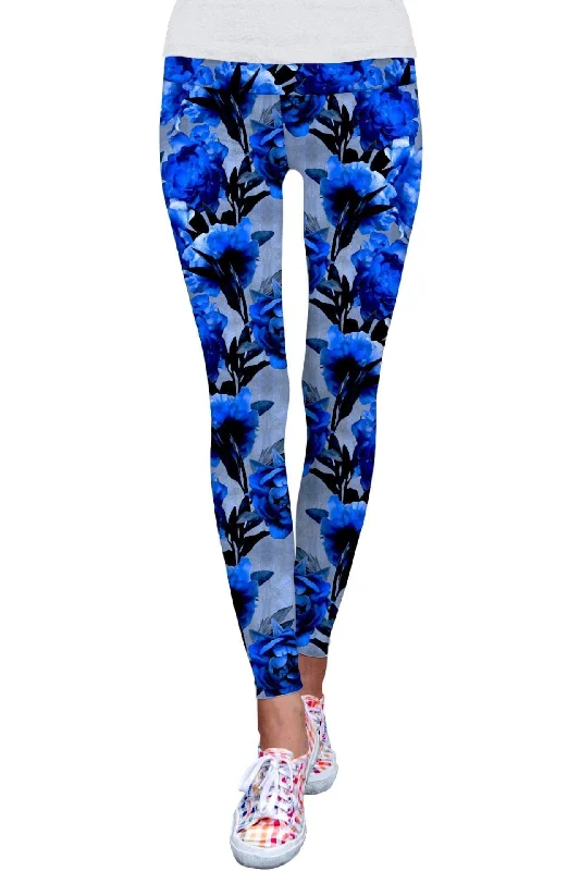 Mystery Lucy Blue Floral Print Performance Leggings - Women Elegant Velvet Leggings