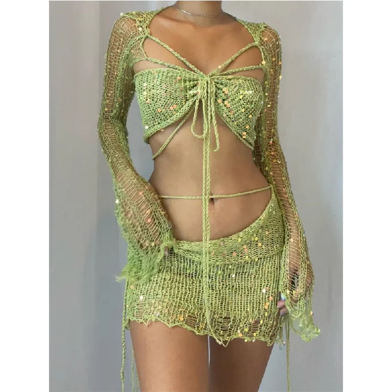 Crochet Knitted Dress Two Piece Skirt Sets Summer Women Clothes Sexy Crop Tops Elegant Knit Sequin Dress 2 Piece Set Outfit Thin Crop Top Open Front Quick Dry
