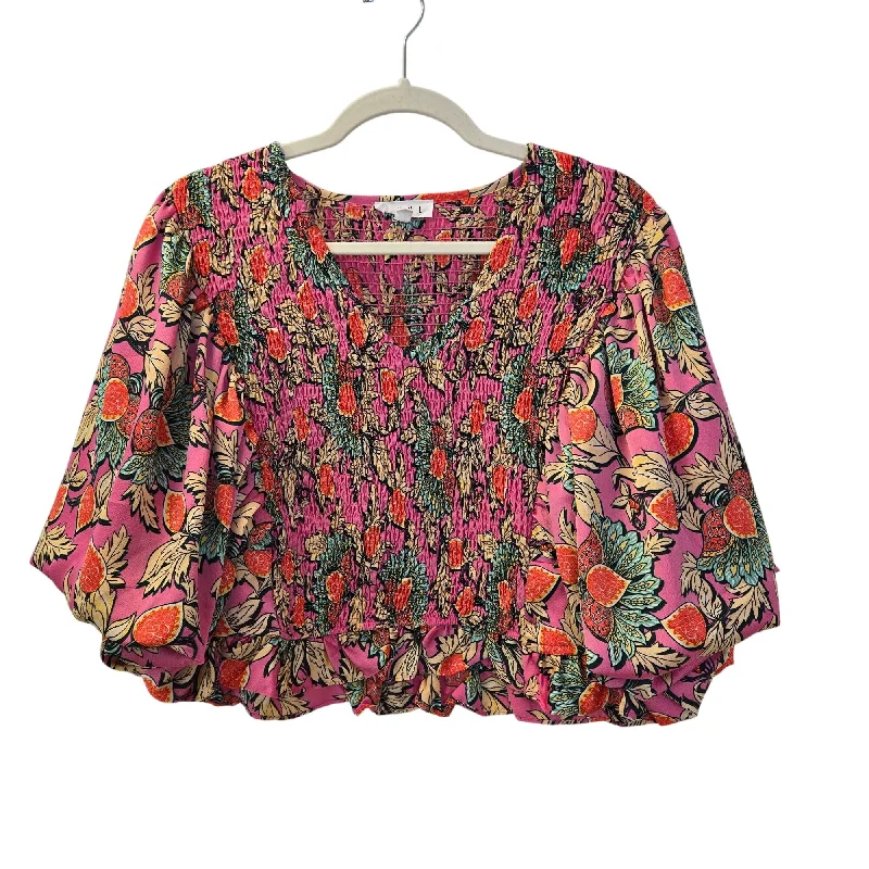 THML Brinley Paisley Graphic Print Smocked Bell Sleeve Crop Top Size Large Fleece Nylon Spandex