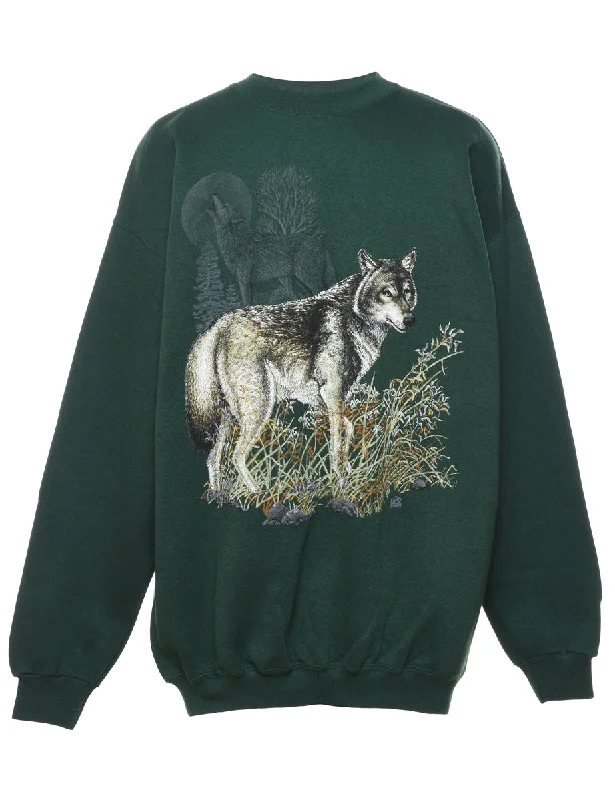 Dark Green Wolf Design Sweatshirt - L Hoodie with Tie-Dye Psychedelic Retro