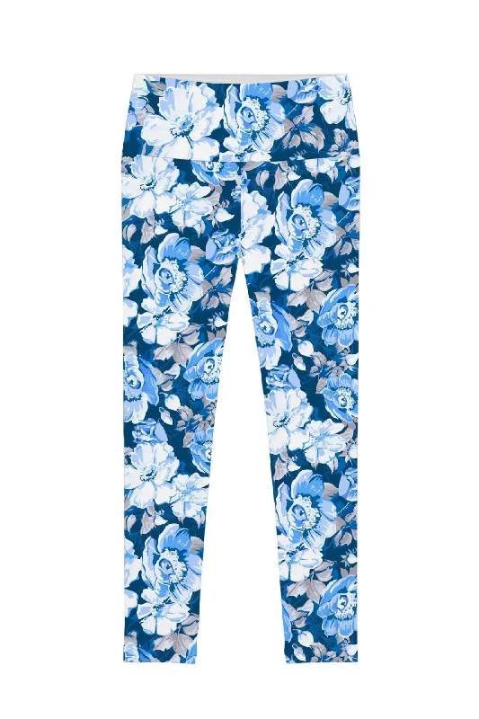 Memory Book Lucy Blue Floral Print Stretch Leggings - Women Fashionable Lacy Detail Leggings
