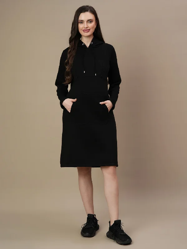 Black Maternity Hoodie Dress - Winter Hoodie with Hem Detail Decorative Unique