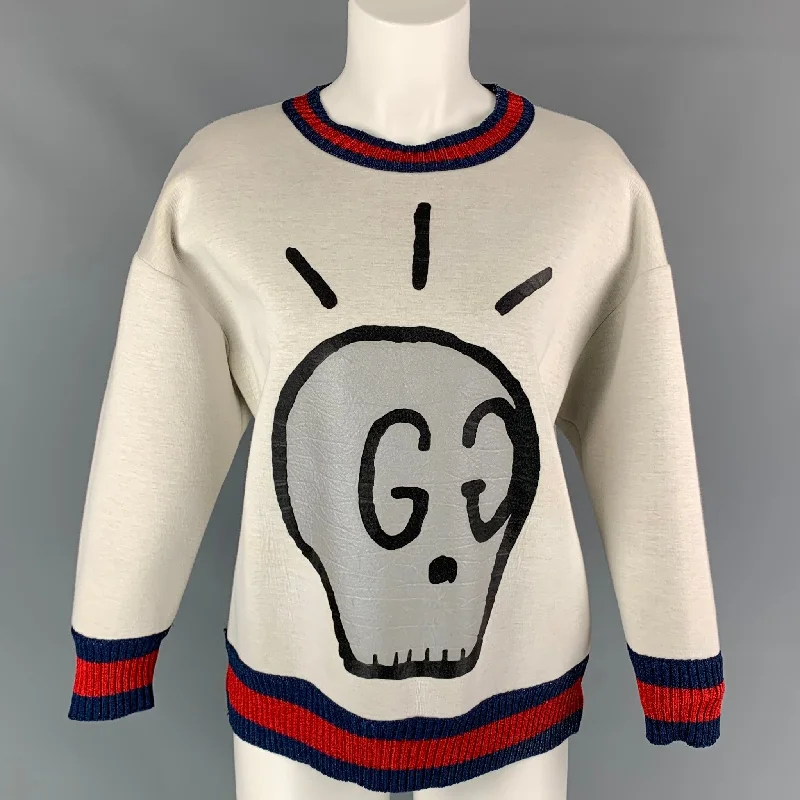 GUCCI Size L Beige Cotton GG Ice Skull Print Pullover Womens Sweater Seamless Knit Pullover