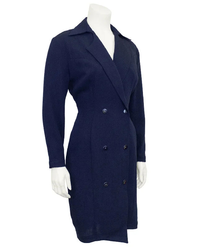 Navy Wool Double Breasted Coat Dress Crew Neck V-Neck Boat Neck