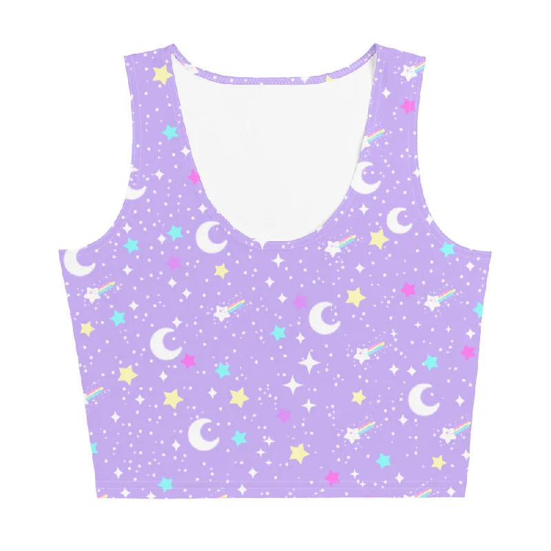 Starry Glitter Purple Crop Top Collared Crop Top Boat Neck A-Line