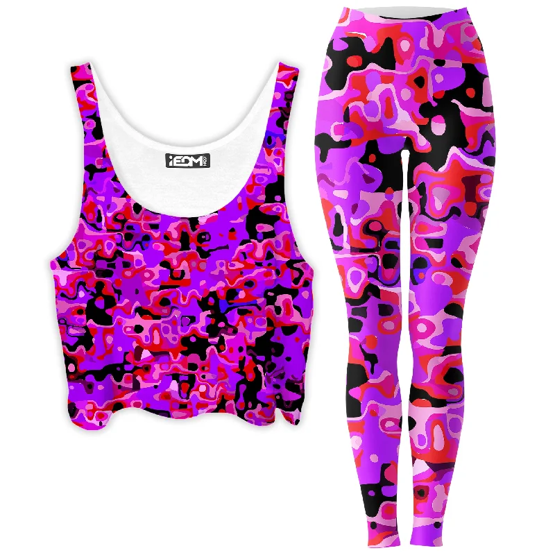 Purple Red and Black Rave Camo Melt Crop Top and Leggings Combo Houndstooth Herringbone Solid