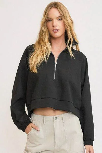 Umgee Half Zip Cropped Sweatshirt Plus Size Hoodie with Pattern Geometric Abstract