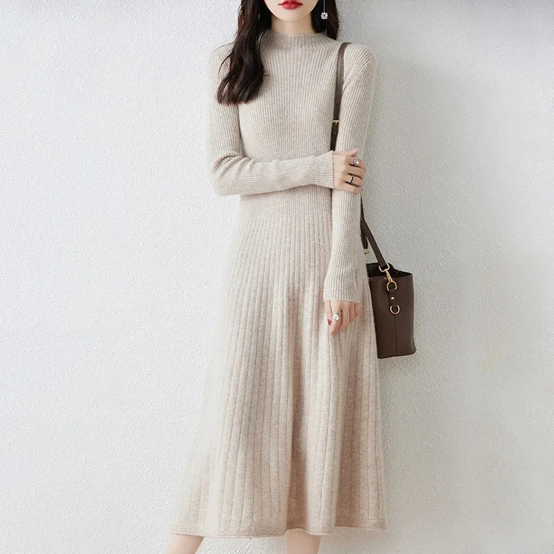 Autumn/Winter New A-line Pullover Dress Women's Half High Neck Over Knee Slim Knitted Cashmere Long Dress Oversized Cozy Pullover Autumn/Winter New A-line Pullover Dress Women's Half High Neck Over Knee Slim Knitted Cashmere Long Dress Oversized Cozy Pullover