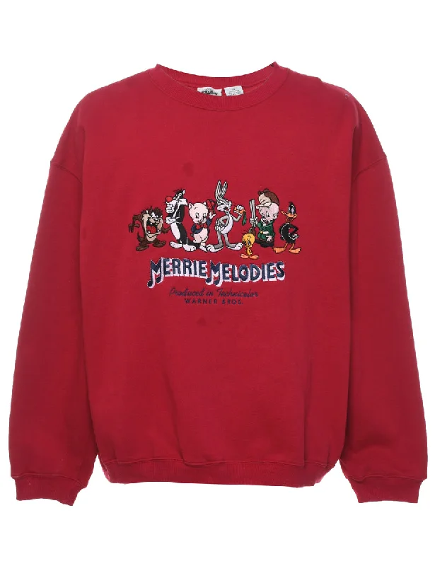 Merrie Melodies Red Embroidered Cartoon Sweatshirt - XL Hoodie with Print Artistic Unique Merrie Melodies Red Embroidered Cartoon Sweatshirt - XL Hoodie with Print Artistic Unique