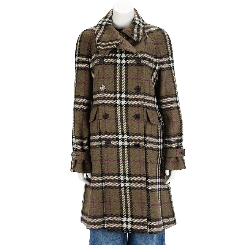 Burberry Olive Lambswool Classic Nova Check Coat UK 14 Trench Wool Cashmere