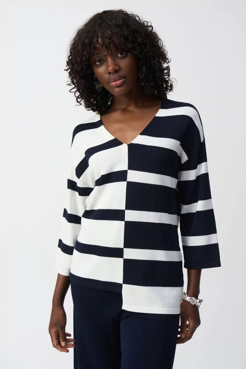 Joseph Ribkoff Striped V-Neck Pullover Style 251914 Midnight Blue/Vanilla Puff Sleeve Stylish Joseph Ribkoff Striped V-Neck Pullover Style 251914 Midnight Blue/Vanilla Puff Sleeve Stylish