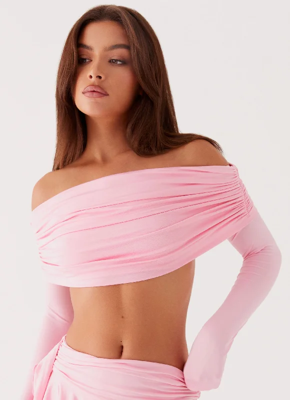Bardot Long Sleeve Crop Top - Candy Pink Anti-Shrink Durable Soft