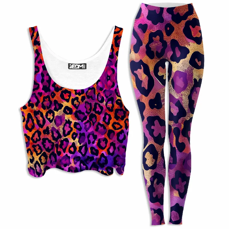 Neon Leopard Crop Top and Leggings Combo Chenille Brocade Lace