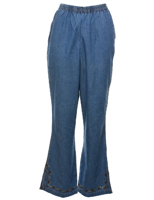 Flared Leg Embroidered Medium Wash Denim Trousers - W20 L32 Trousers Capri Summer