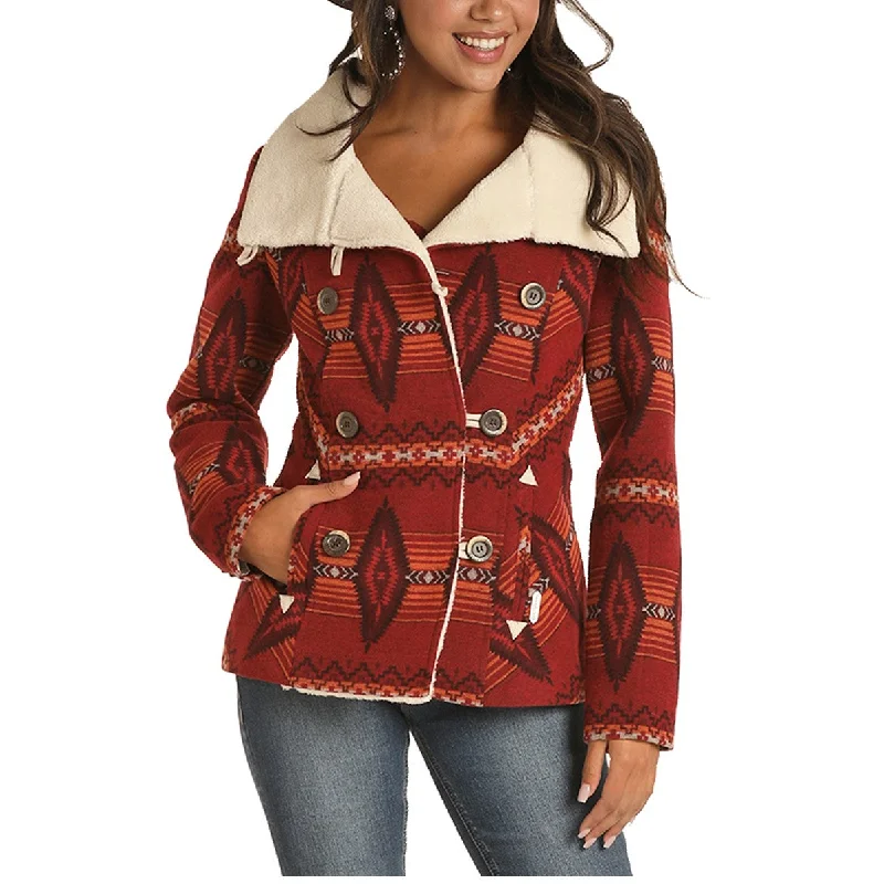 Powder River Ladies Aztec Jacquard Red Wool Coat 52-1019-65 Peter Pan Collar Cowl Neck Turtleneck Powder River Ladies Aztec Jacquard Red Wool Coat 52-1019-65 Peter Pan Collar Cowl Neck Turtleneck