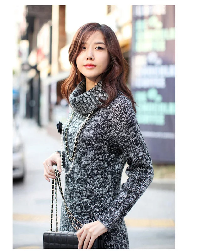 Grey Turtleneck Thick Pullover Sweater Dress Slit Sleeve Stylish