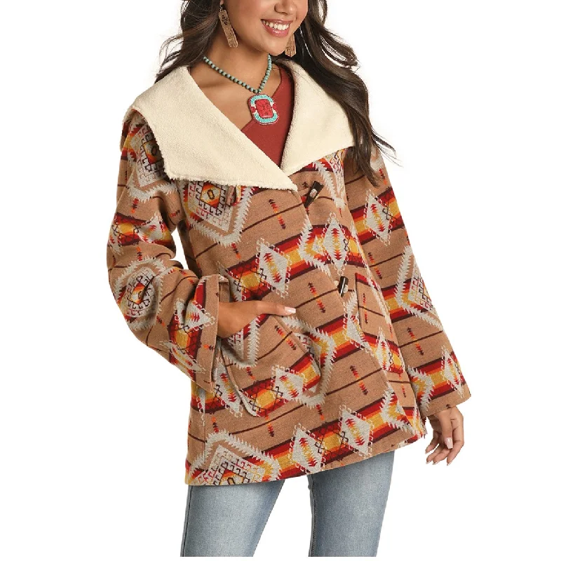 Powder River Ladies Aztec Jacquard Wool Cape Coat 52-1011-27 Asymmetrical Collar Hooded Zippered Powder River Ladies Aztec Jacquard Wool Cape Coat 52-1011-27 Asymmetrical Collar Hooded Zippered
