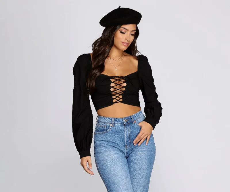 Ooh La Lace Up Crop Top Zippered Front Buttoned Front Snap Front