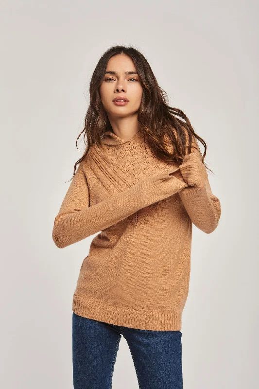 Women Pullover Long Sleeve With Hood Brown Turtleneck Warm Pullover