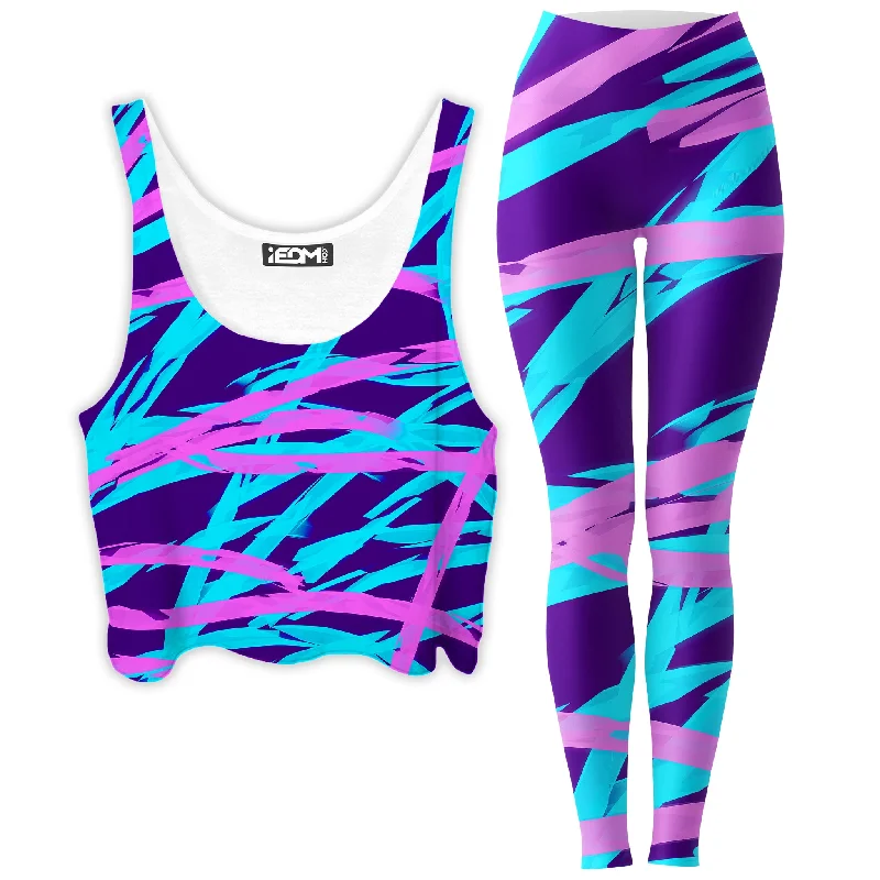 Purple and Blue Rave Abstract Crop Top and Leggings Combo Asymmetrical Pockets Print