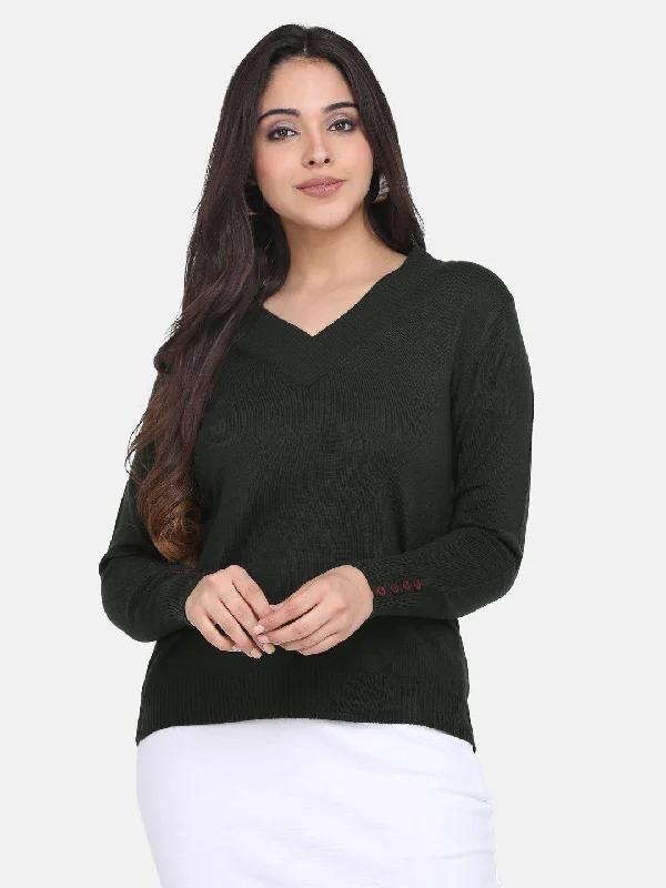 V neck Pullover - Bottle Green Scalloped Neck Pullover