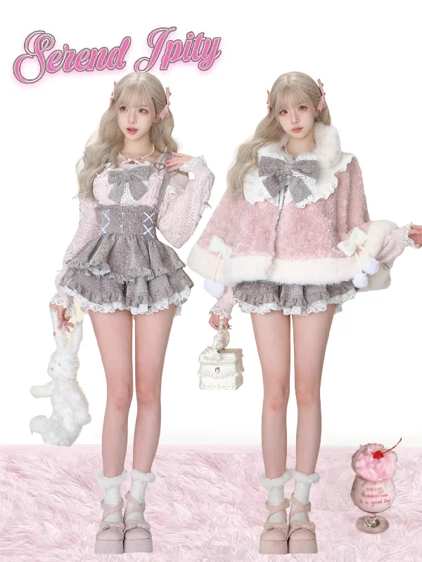 New Pink Plush Coat + Plaid Cake Skirt Striped Polka Dot Solid