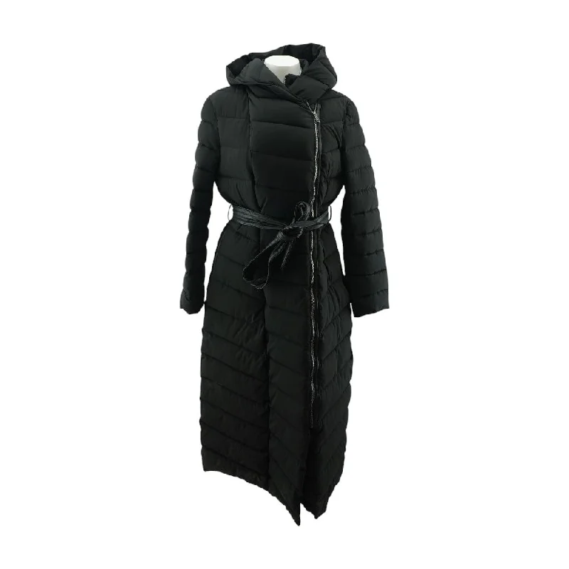 Black Solid Puffer Coat Tie-Waist Belted Drawstring