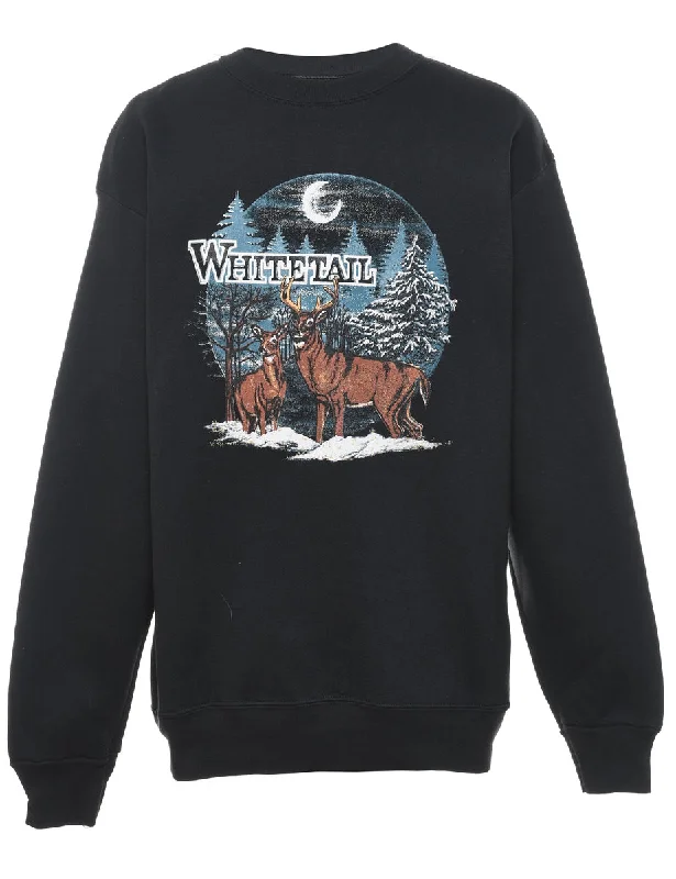 Deer Design Black Sweatshirt - L Hoodie with Color Block Contrast Stylish