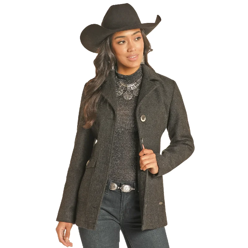 Powder River Outfitters Ladies Solid Black Wool Coat DW92C04129-01 Off-the-Shoulder Jacket Double-Breasted Coat Single-Breasted Coat