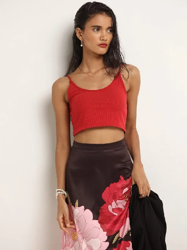 Nuon Red Cotton Ribbed Crop Top Beaded Sequined Faux Fur