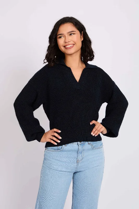 Women Pullover Short Loose Fit Navy Oblong Neck Pullover