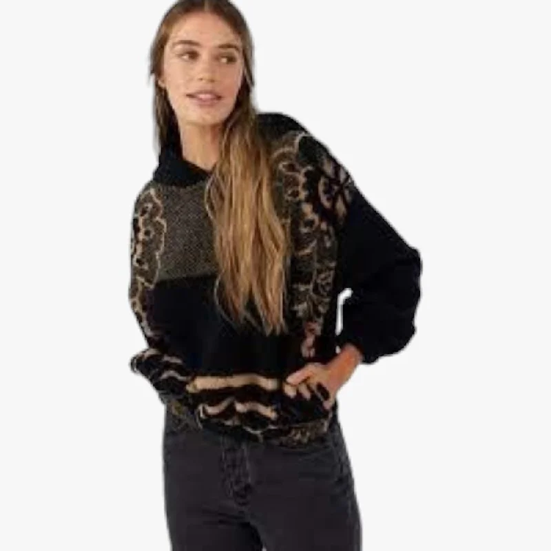 Oneill Ladies Nash Pullover Sweater Black Leopard Surplice Neck Pullover