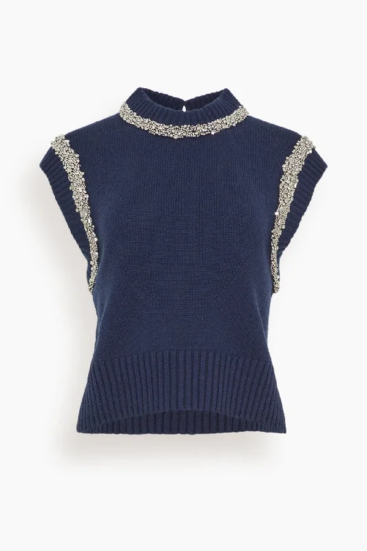 Joanae Sleeveless Pullover With Embellishment in Midnight Halter Neck Top