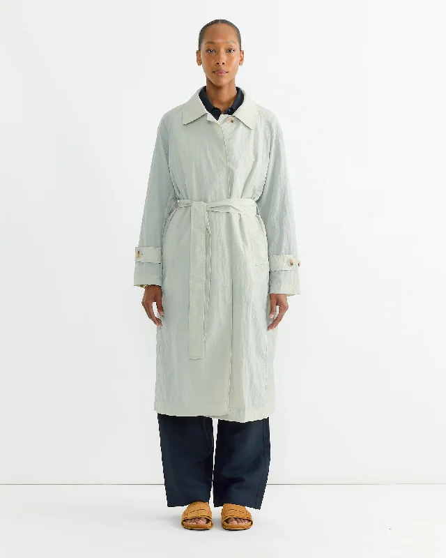 Semi Sheer Trench Coat in Light Green Peter Pan Collar Cowl Neck Turtleneck