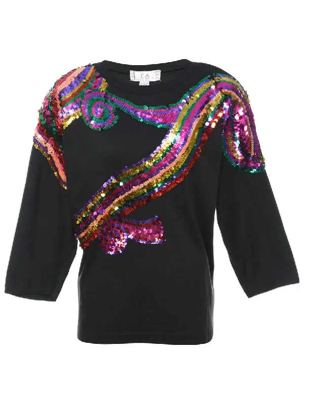 Black & Multi-Colour Sequined Sweatshirt - L Hoodie with Belted Waist Structured Tailored Black & Multi-Colour Sequined Sweatshirt - L Hoodie with Belted Waist Structured Tailored