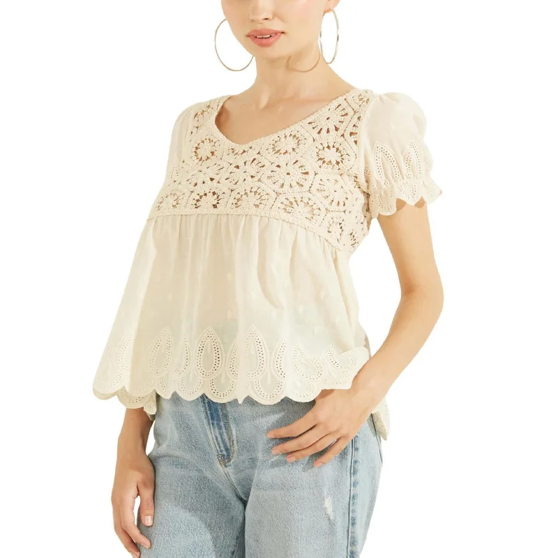 GUESS - Crochet Scoop Neck Pullover Top Lapel Neck Sweater