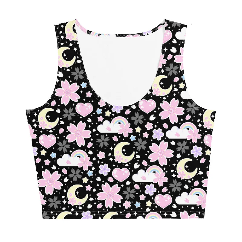 Cherry Blossom Dreams Black Crop Top Mesh Fabric Canvas Fabric Denim Fabric