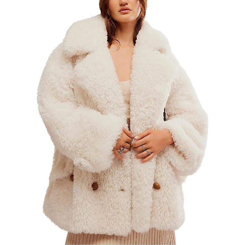 Free People Womens Faux Fur Sherpa Faux Fur Coat Sequined Lace Ribbed