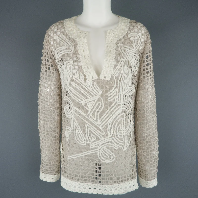 OSCAR DE LA RENTA Size S Taupe & Cream Cotton Crochet Knit Tunic Pullover Solo Sleeve Pullover OSCAR DE LA RENTA Size S Taupe & Cream Cotton Crochet Knit Tunic Pullover Solo Sleeve Pullover