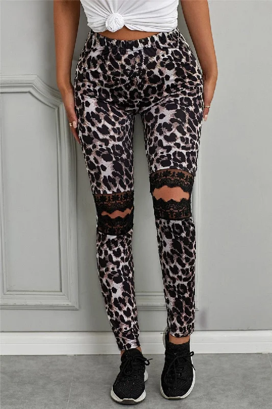 Leopard Leggings with Lace Cut Out Stylish Stretch Print Leggings