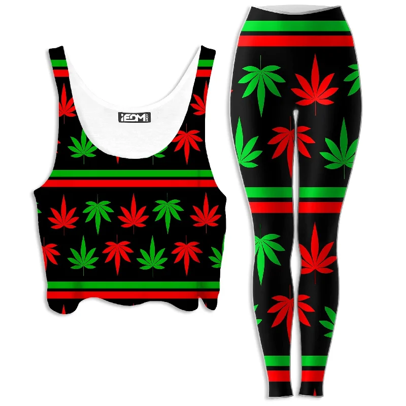 Red And Green Festive Bud Crop Top and Leggings Combo Striped Floral Plaid