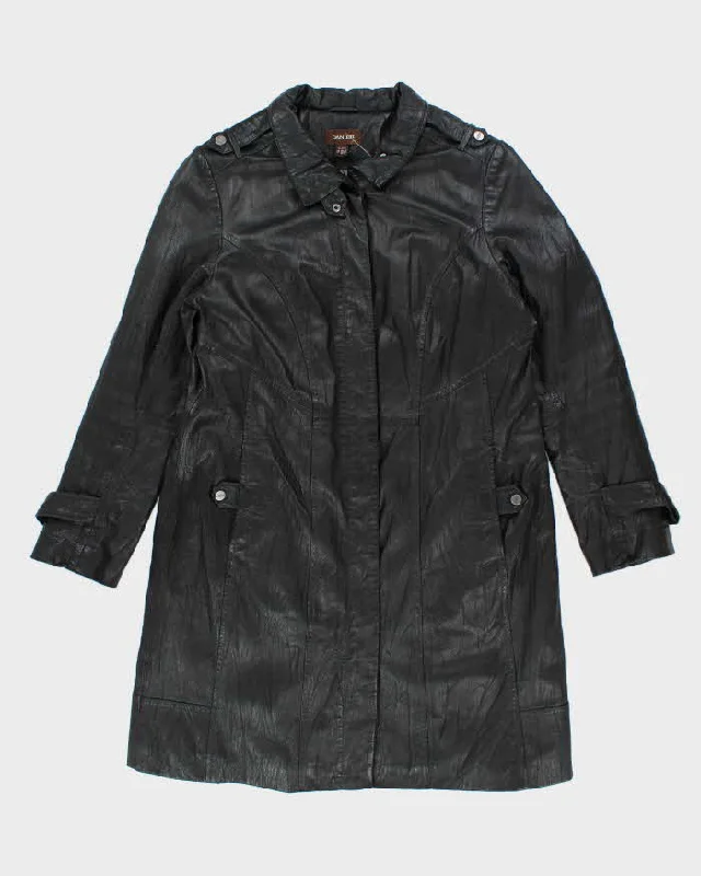 Vintage Danier Long Black Leather Coat - XL Print Jacquard Embroidered