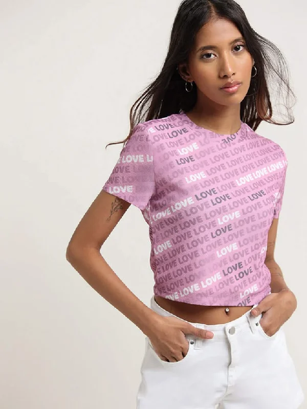 Nuon Pink Contrast Print Crop Top Satin Blend Silk Blend Wool Blend