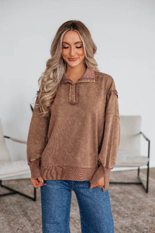 Isaiah Washed Pullover - Mocha Puff Sleeve Stylish