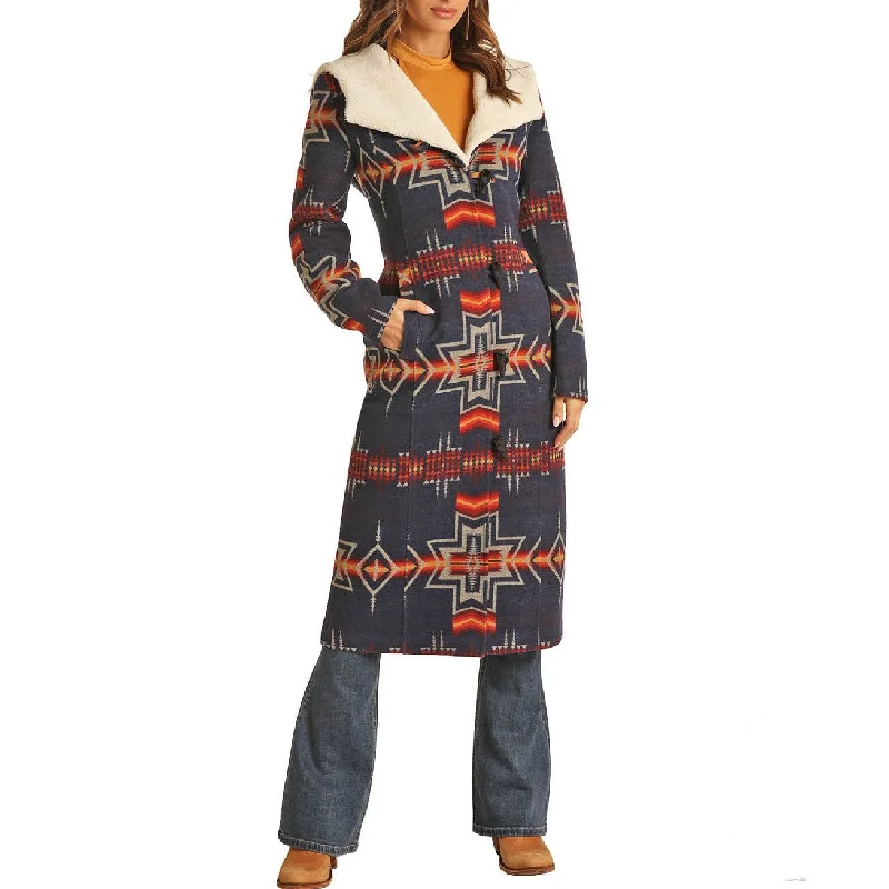 Powder River Outfitters Ladies Aztec Navy Jacquard Long Coat 52-1021-41 Fitted Loose Oversized Powder River Outfitters Ladies Aztec Navy Jacquard Long Coat 52-1021-41 Fitted Loose Oversized